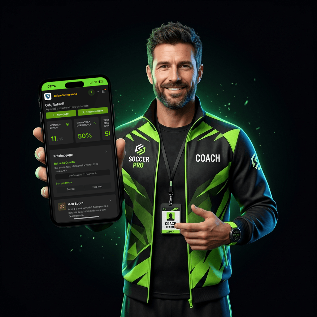Organizador gerenciando pelada pelo celular no campo de futebol